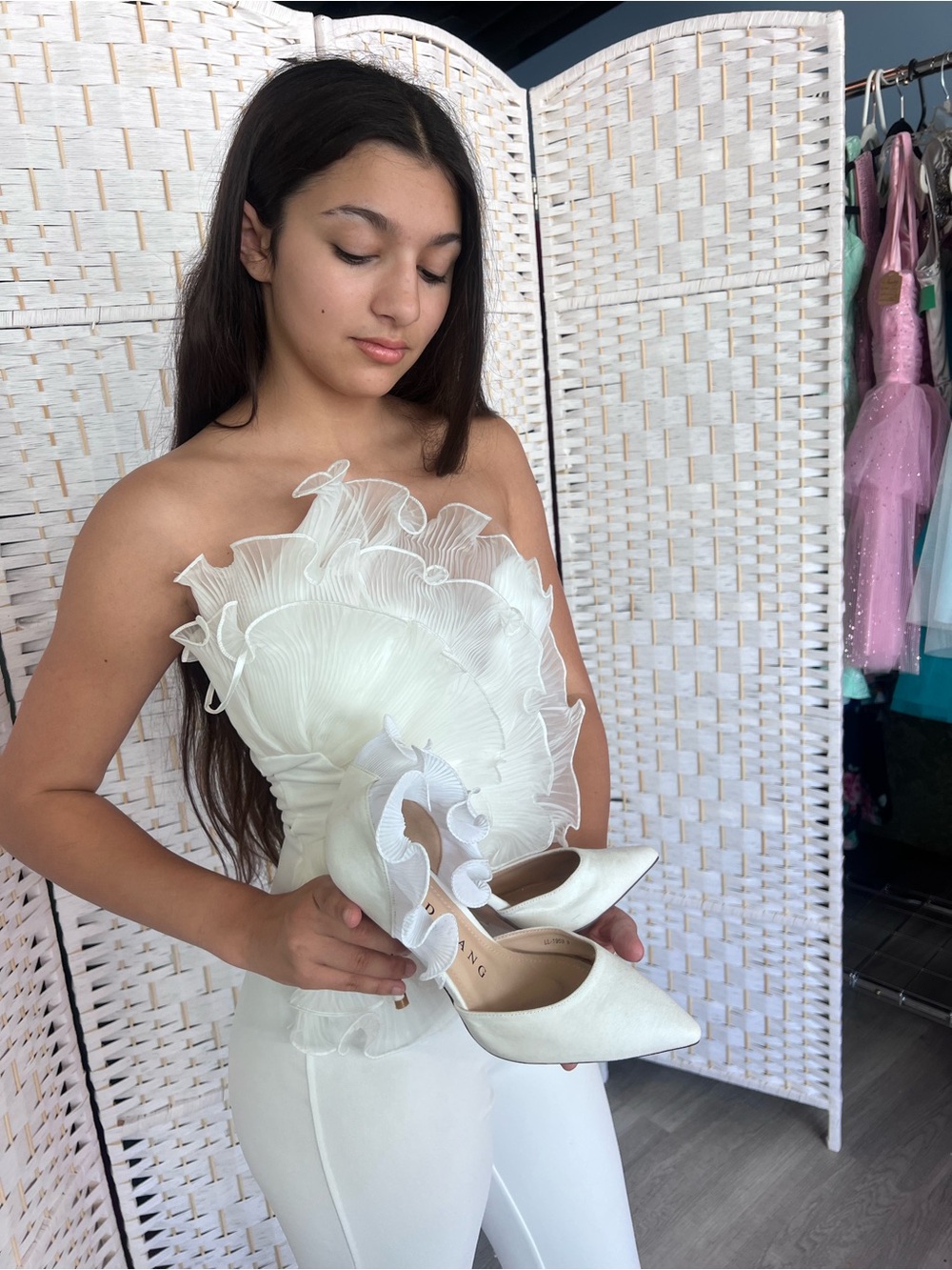 Pointed Ivory Ruffle Ankle Heels - Picture 5 of 5